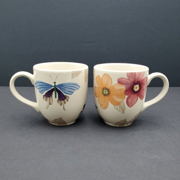 Longaberger Pottery Botanical Fields Mugs Butterfly Flowers Floral Coffee Cups - Picture 1 of 9